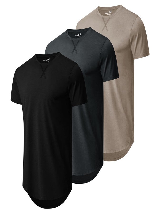 TEZO Mens 3 Pack Plain Cotton Shirts Short Sleeve Casual Crew Neck T-Shirts Hipster Hip Hop Longline Tees Shirts Drop Cut Curved Hem Shirt (BKDGKA M) - Image 1